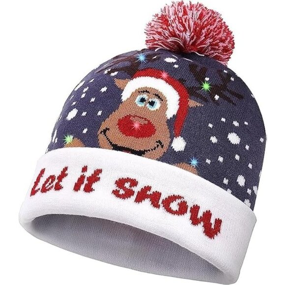 Christmas "Let It Snow" Knit Beanie With Reindeer & Pom-Pom LED Light Up - Picture 1 of 6